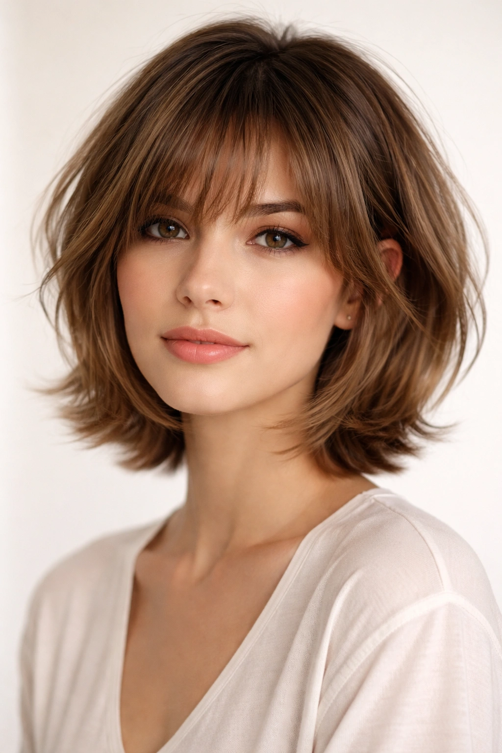 Layered bob with feathered bangs showing lightweight movement