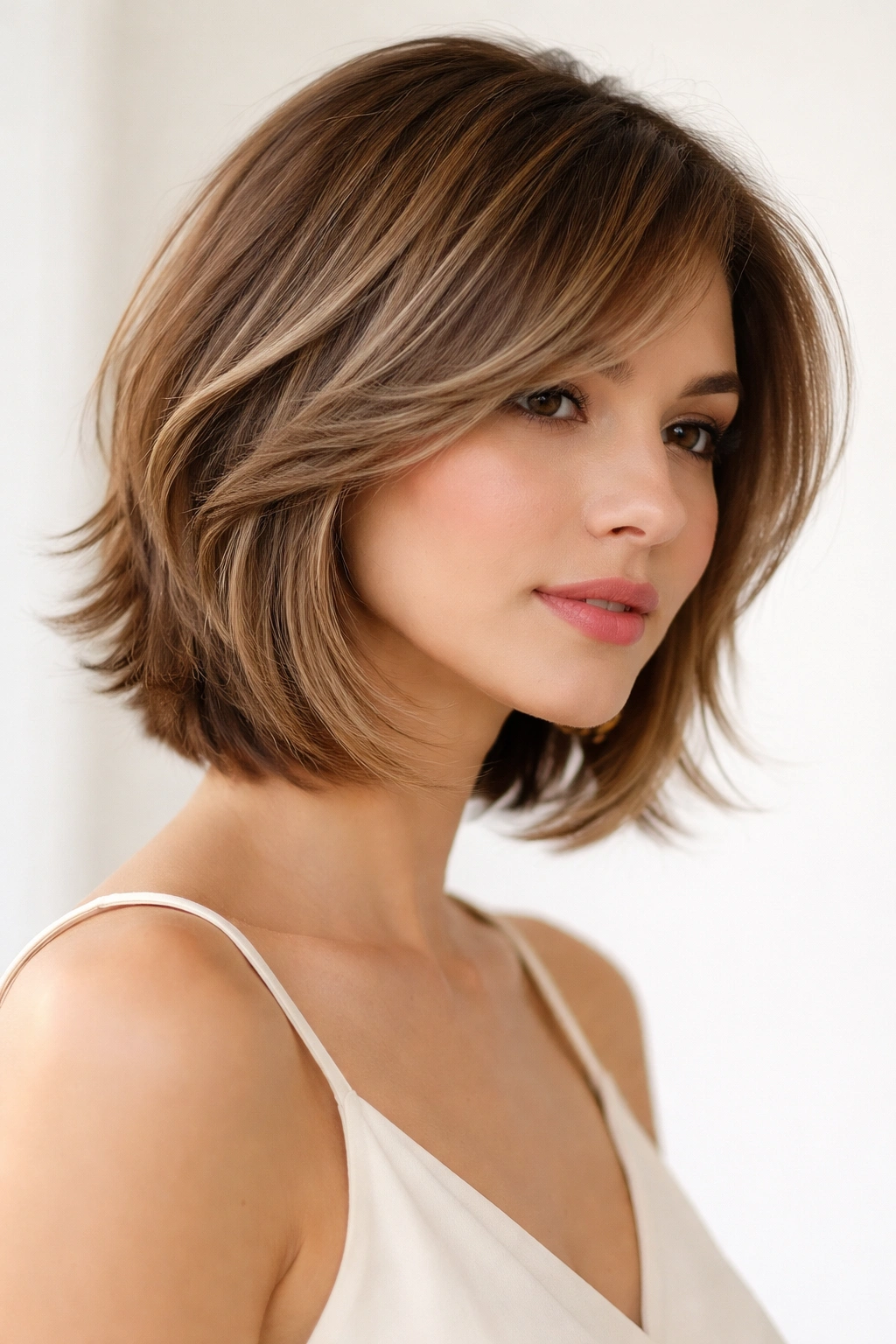 Layered bob with feathered ends showing movement around the jawline