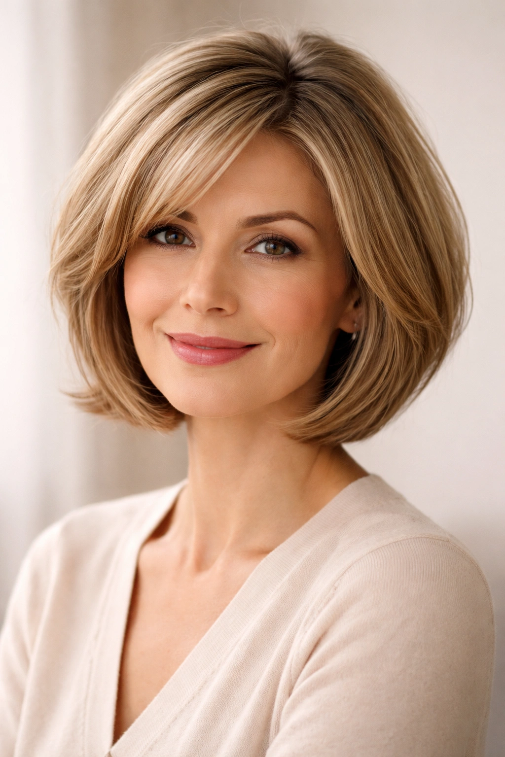 Portrait of a woman with a layered bob for fine hair showing lift at the crown