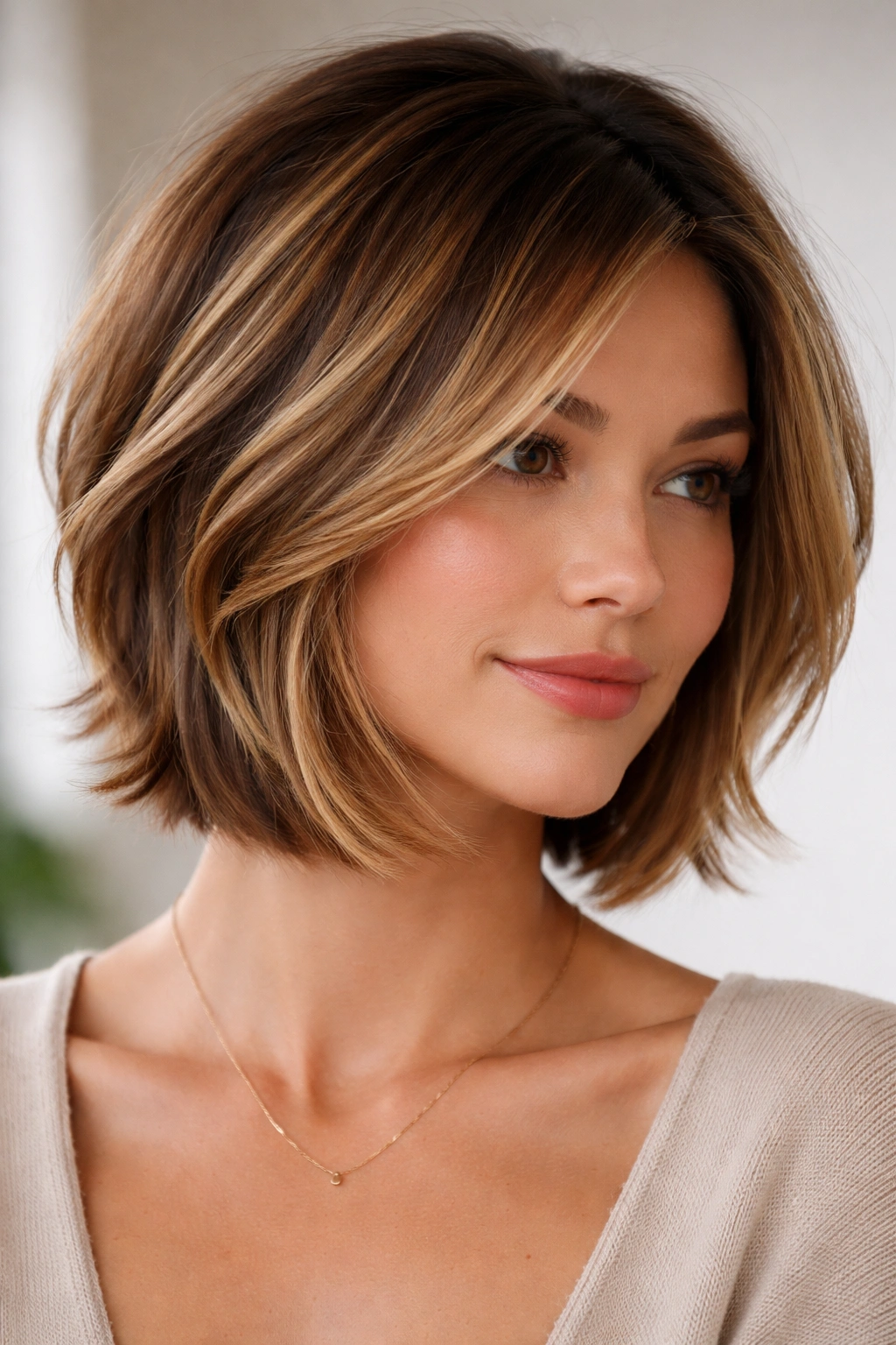 Layered bob with warm honey balayage highlights adding movement