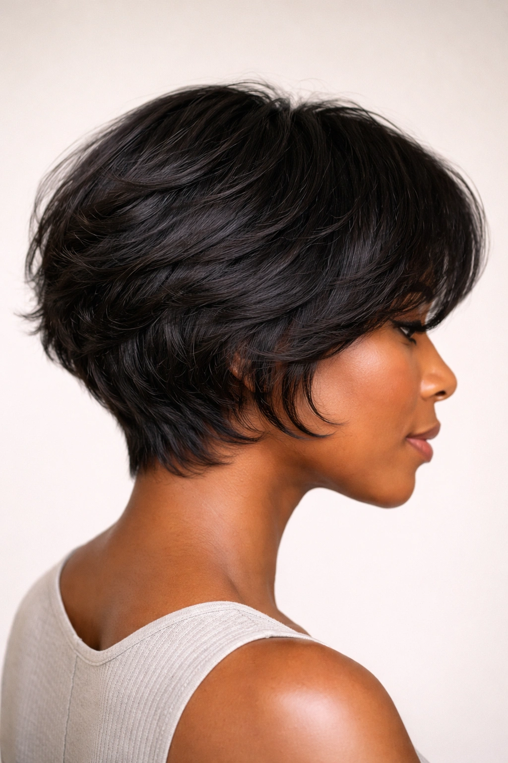 Dense black hair layered bob with movement and lighter weight around ears
