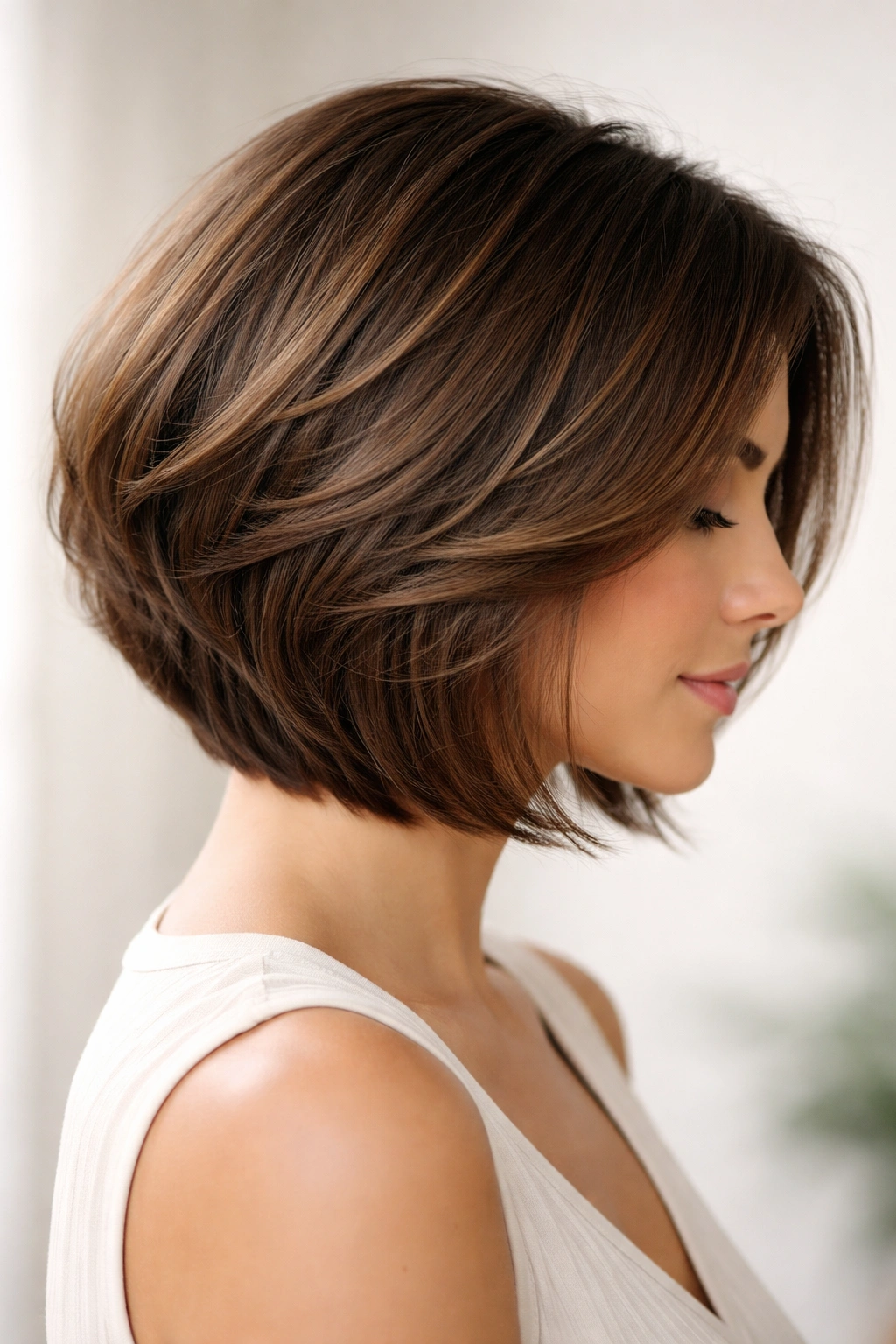 Layered bob on thick hair showing interior layers for movement