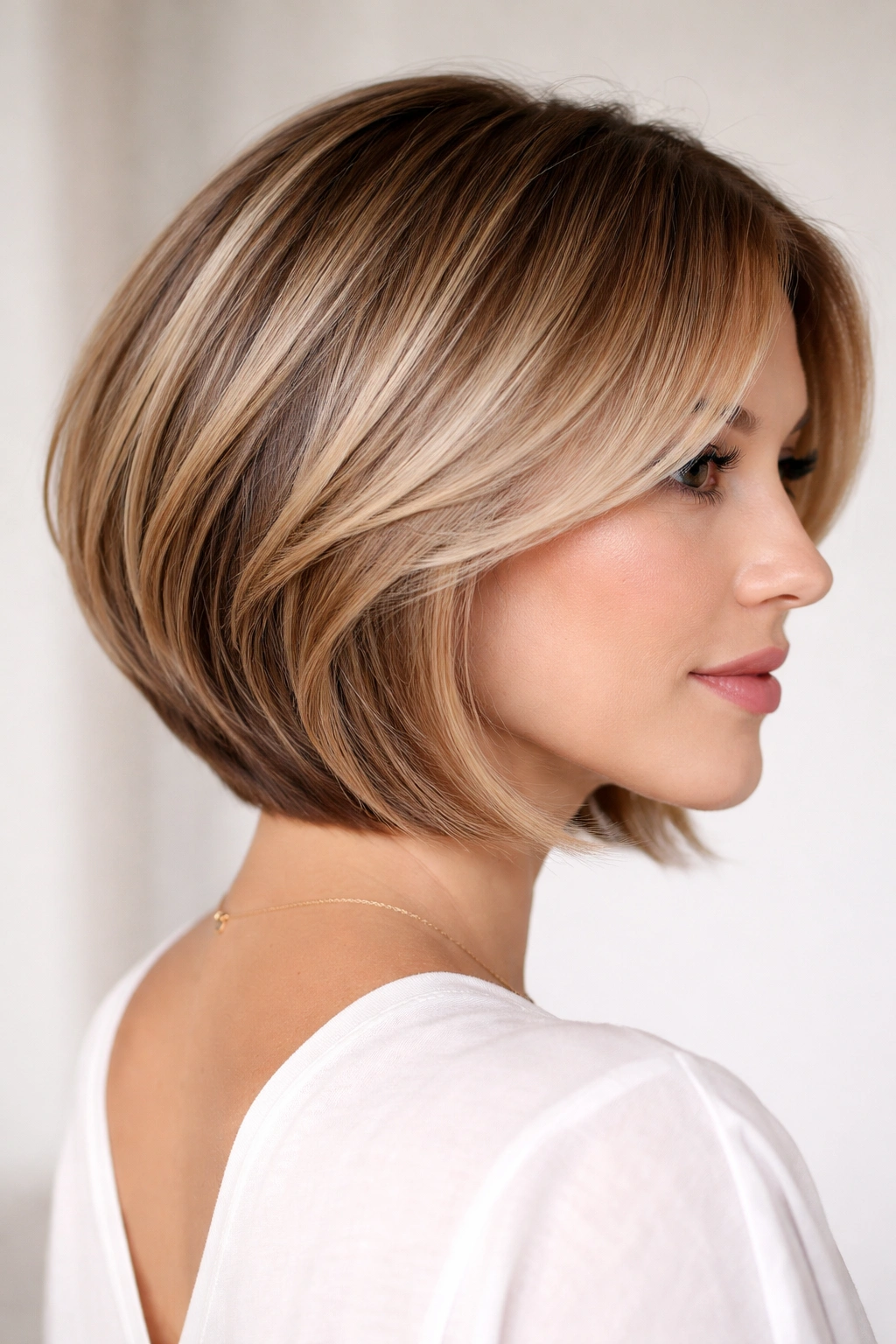 Layered bob with hidden interior layers creating outer density