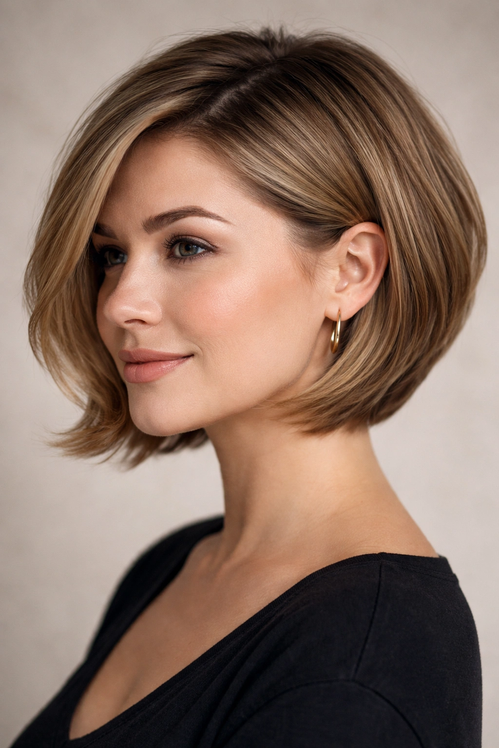 Side profile of layered bob with tucked ends creating lighter silhouette