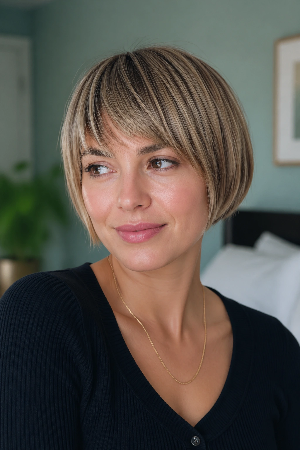 Close-up portrait of a real woman with layered bowl bob for fine hair