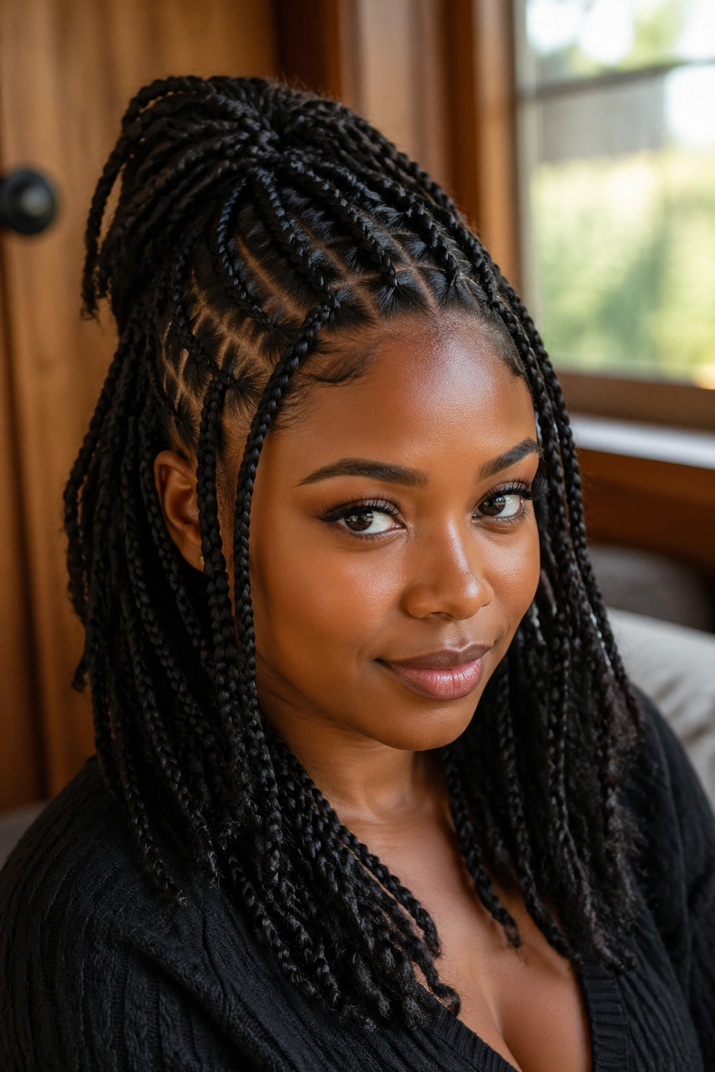 Close-up of a real Black woman with layered braids in a half-up style.