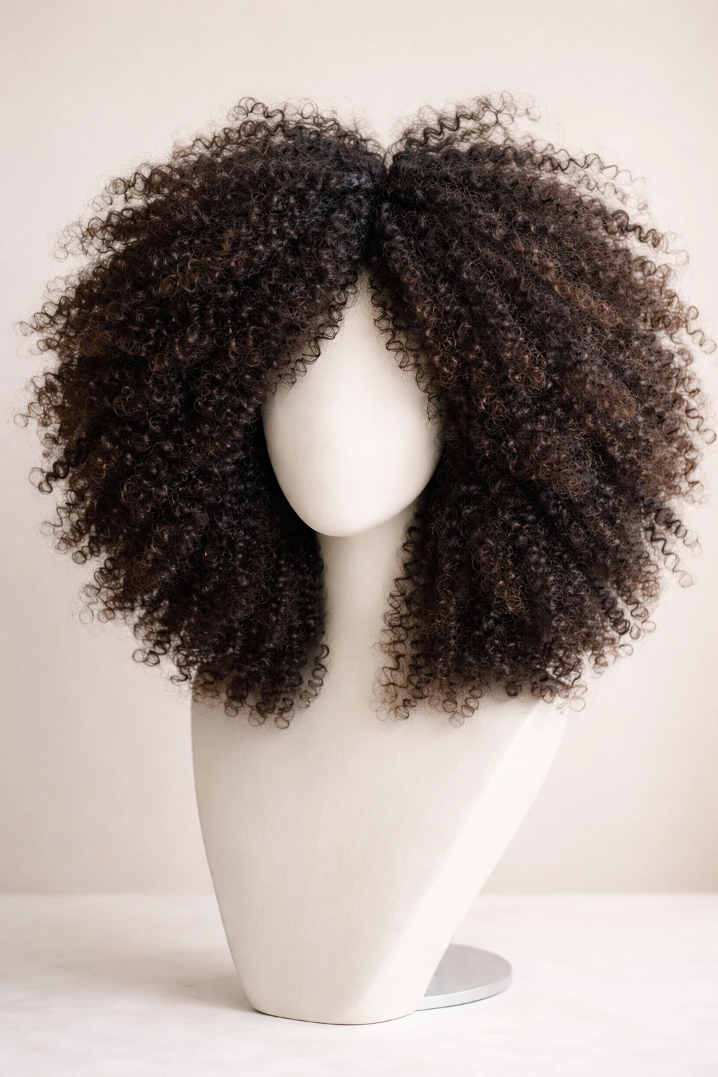 Layered cloud afro wig with layered length and soft perimeter on a headform