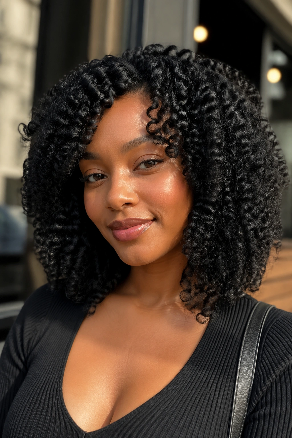 Portrait of a real person with layered shoulder-length crochet afro