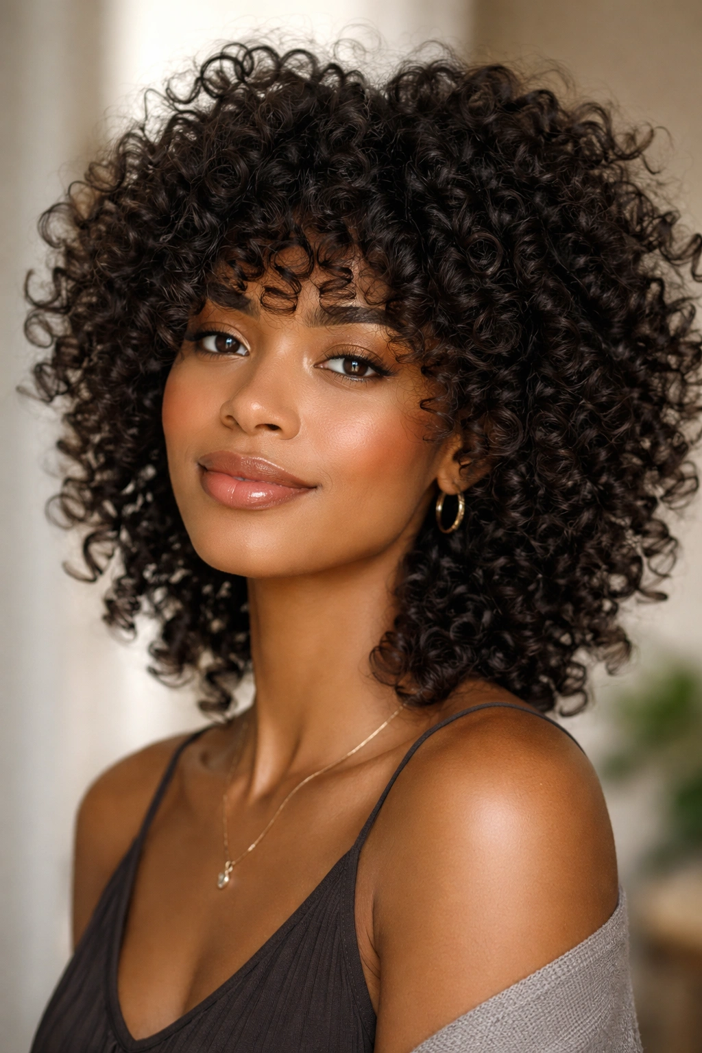 Layered curly shag hairstyle with crown lift