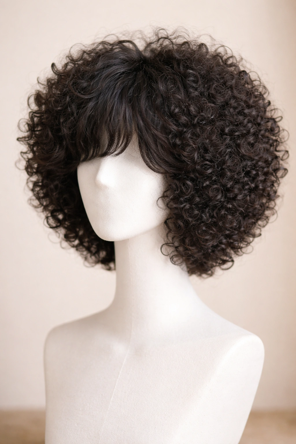 Close-up of layered Afro wig with a soft fringe showing cheekbone-length layers and matte curls