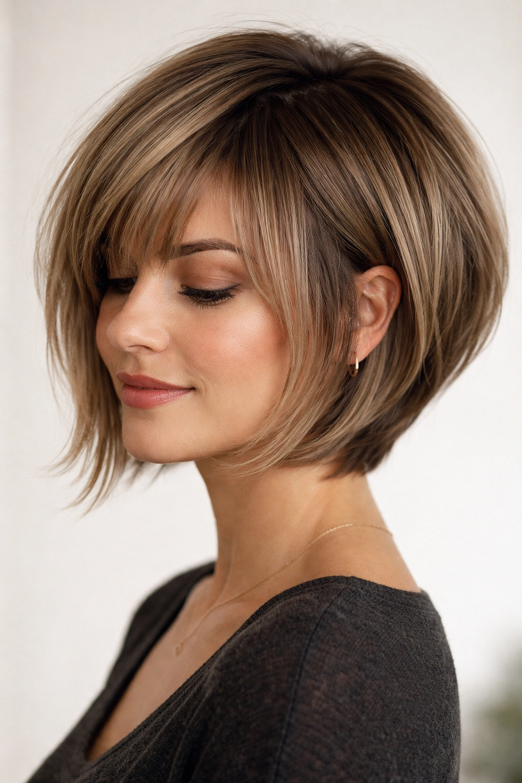 Layered inverted bob with feathered bangs showing a short nape and soft front fringe