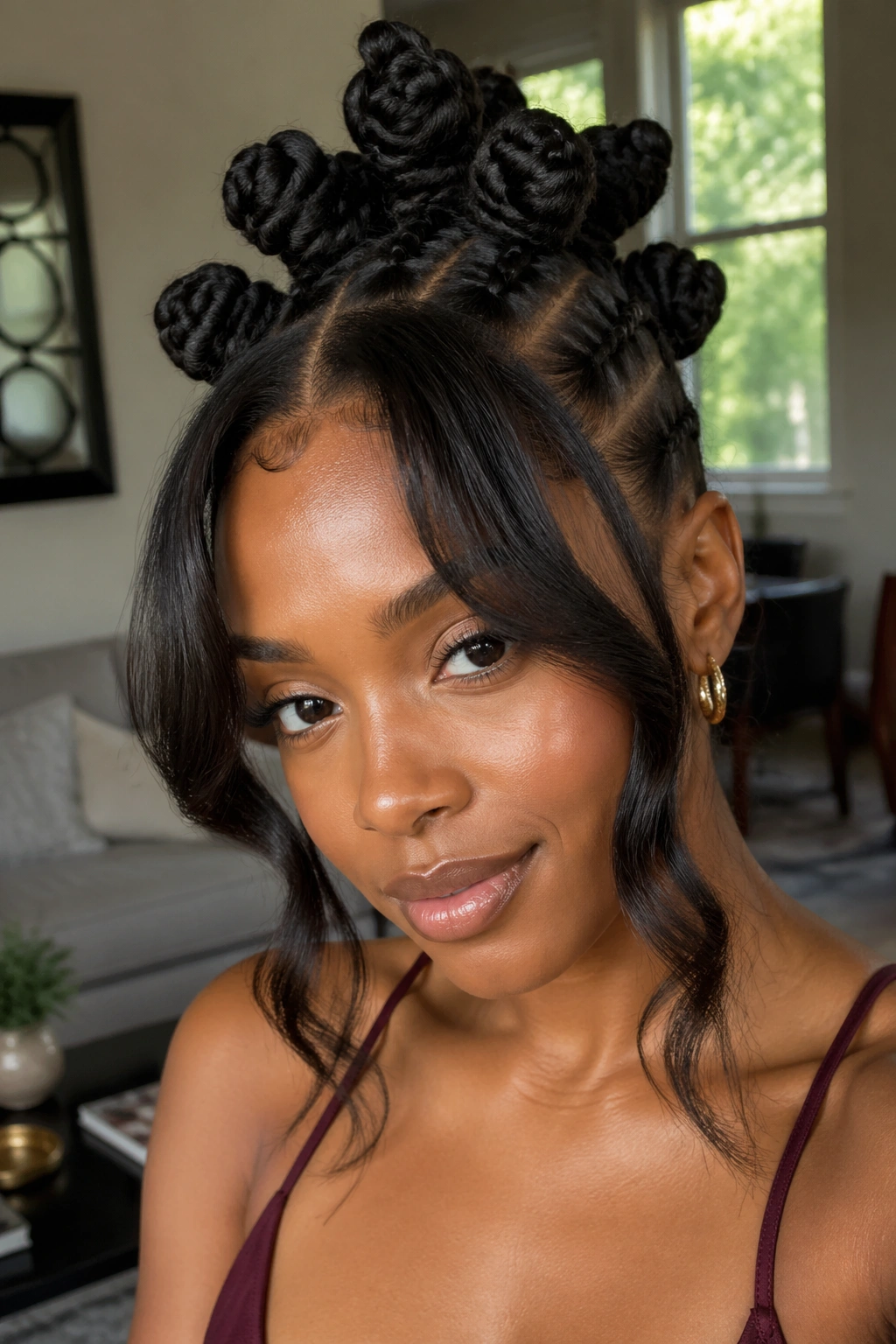 Close-up portrait of a real woman with layered knot row and curtain bangs