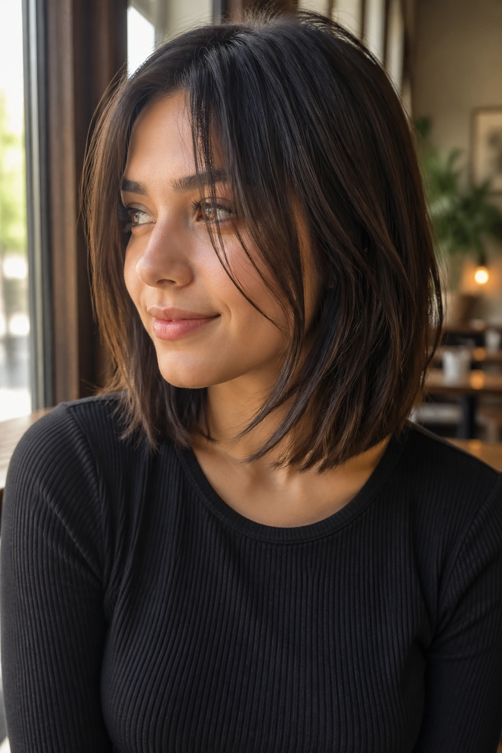 Real girl with layered lob and front face-framing pieces in cafe light.