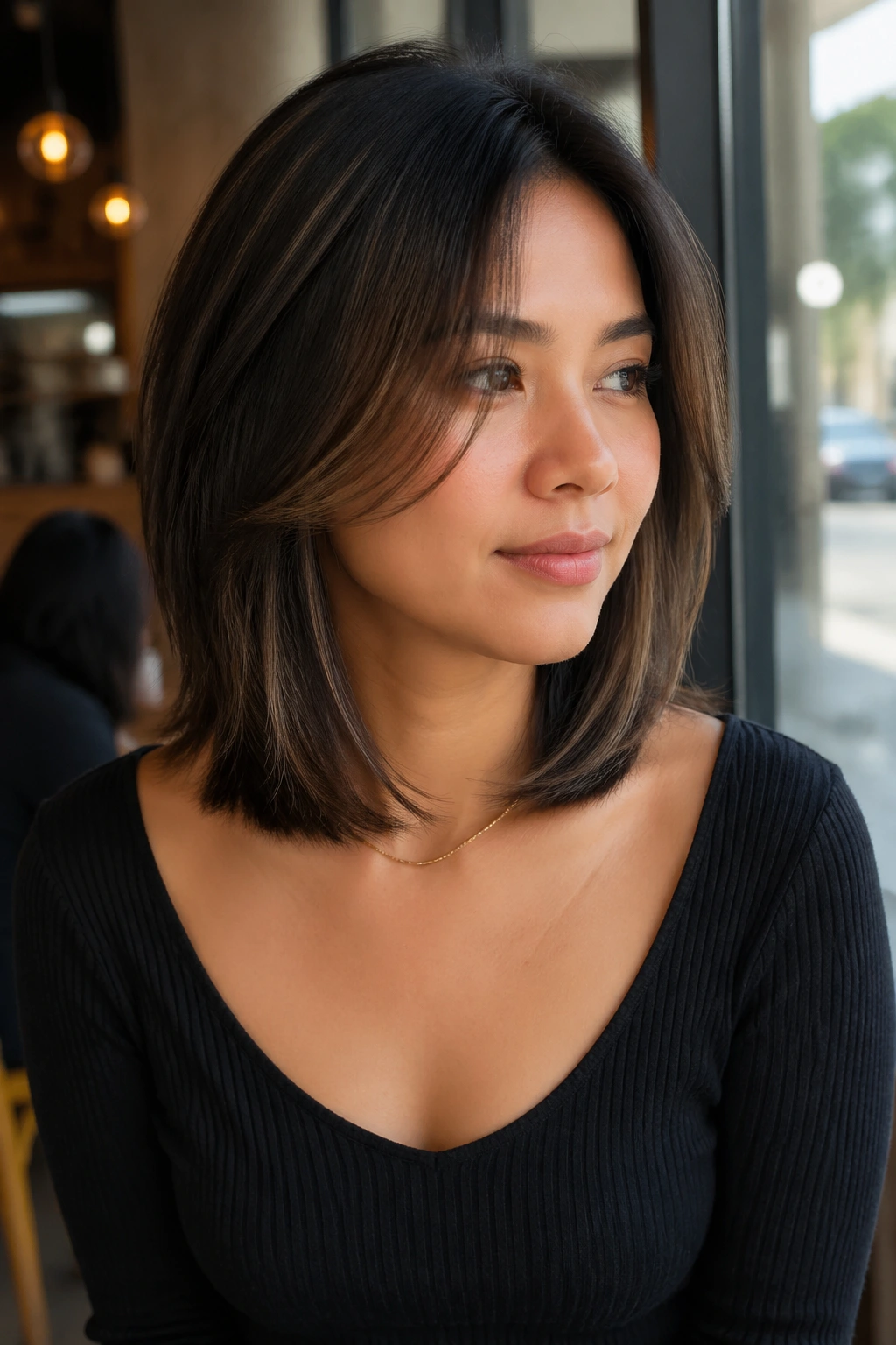 Real woman with layered lob and soft face-framing pieces.