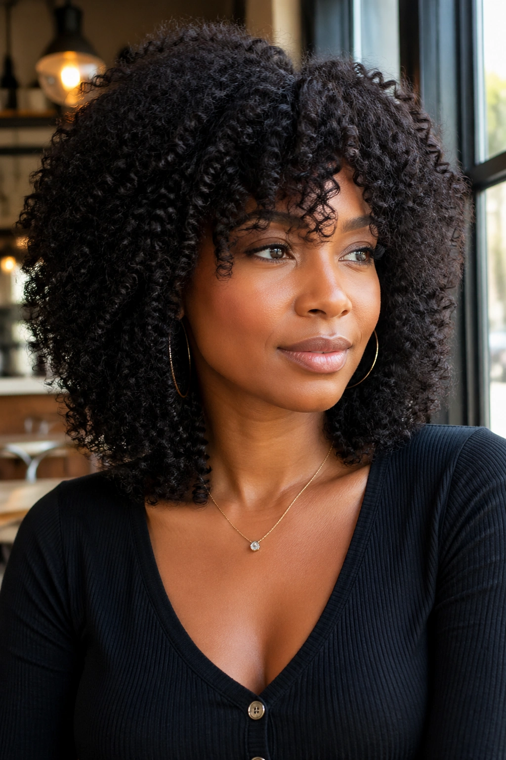 Layered mid length curly afro wig on a real woman in a cafe setting