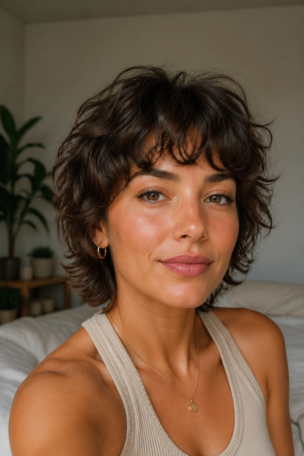 Close-up portrait of a real woman with layered mini shag and fringe