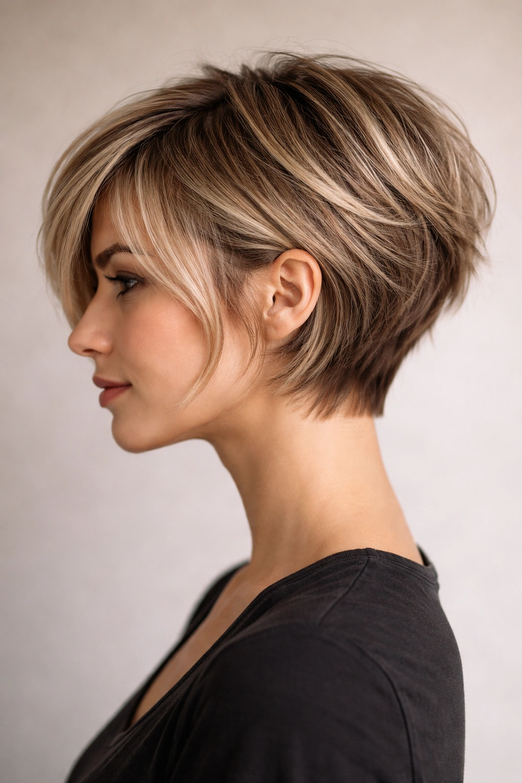 Layered pixie bob with piecey ends and soft crown layers.