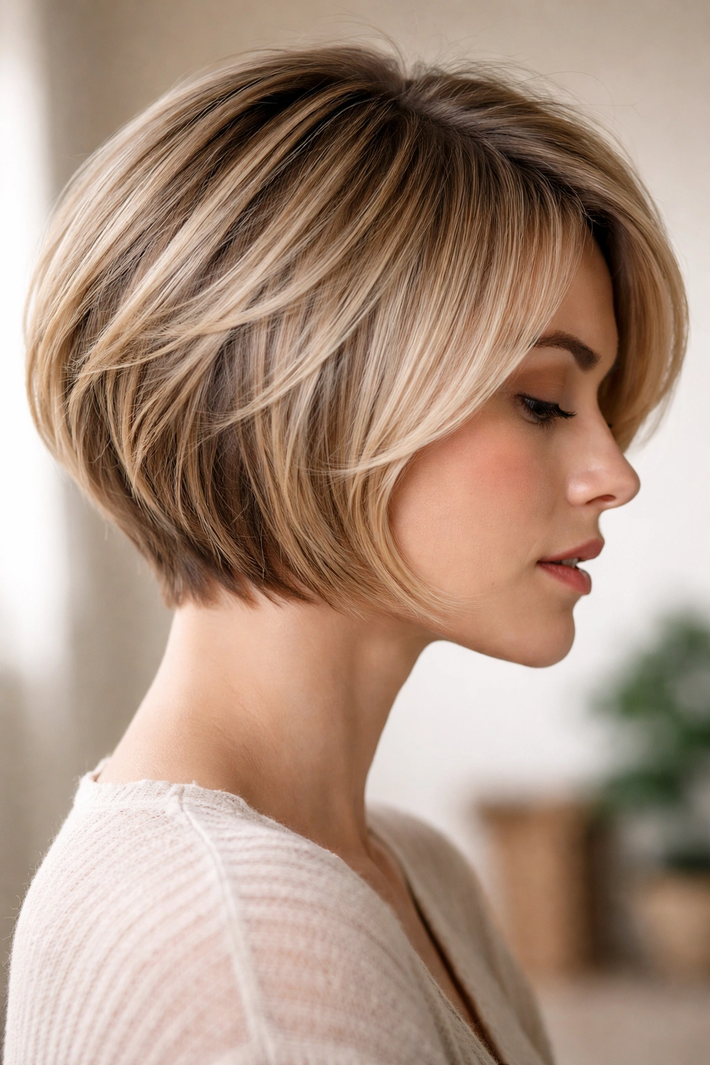 Side profile of a layered razor bob designed for fine hair showing lift at the crown.