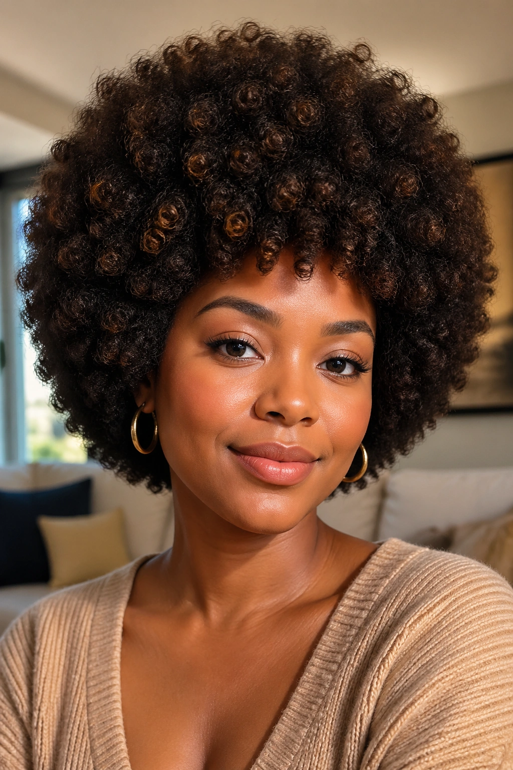Close-up portrait of a real person with layered rounded Afro