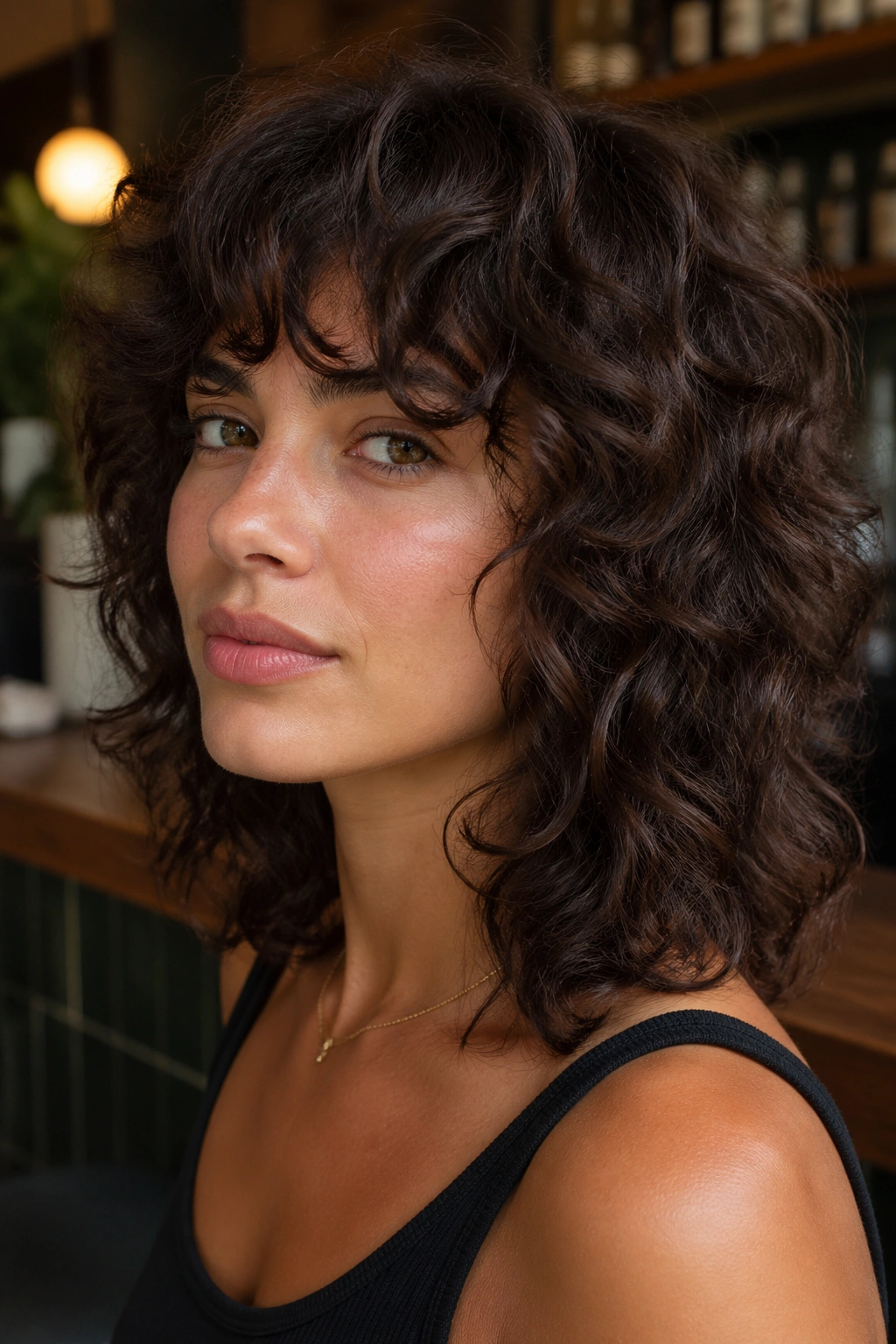 Close-up of a real woman with layered shag and curly fringe framing the face