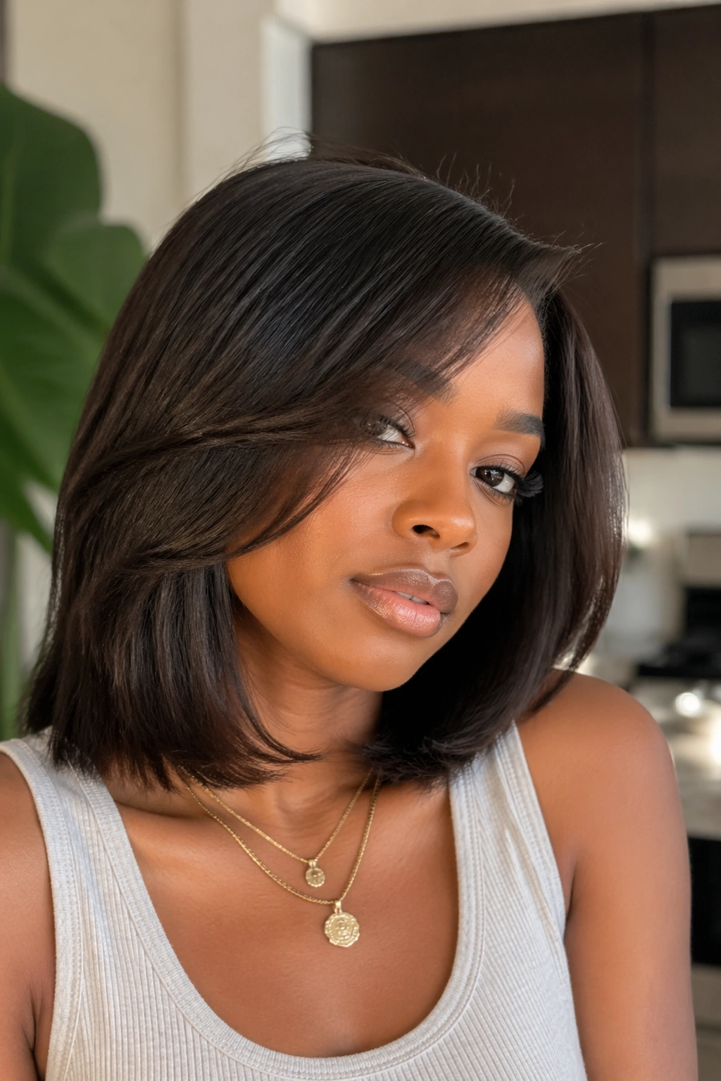 Real person with layered shoulder-length straight hairstyle