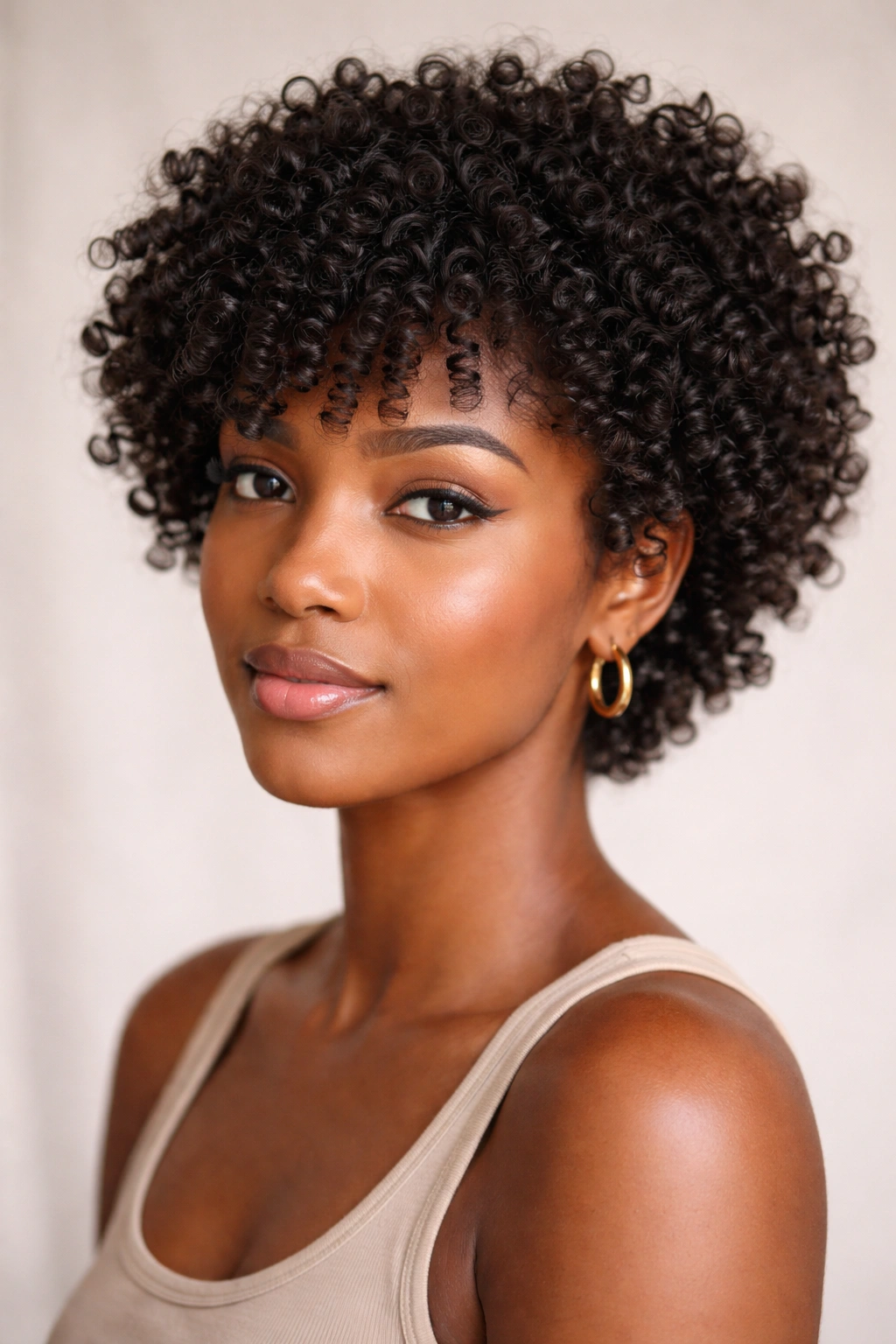 Head-and-shoulders shot of layered wash-and-go on short 4A curls