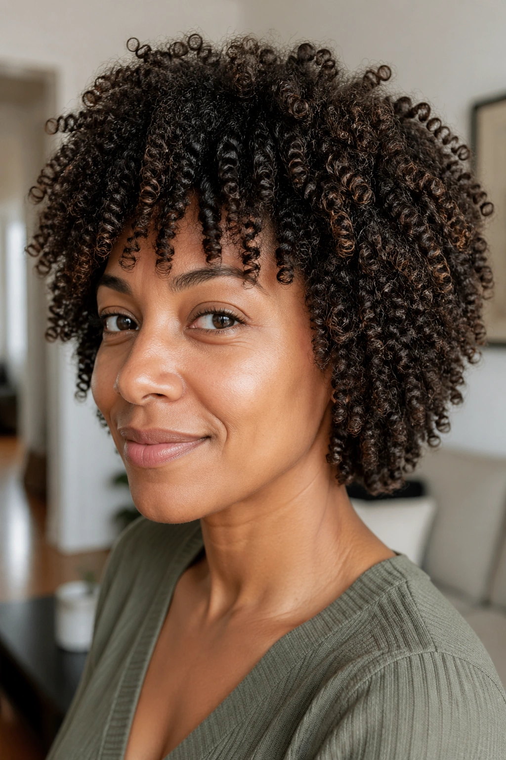 Close-up of a real woman with layered wash-and-go curls showing natural texture.