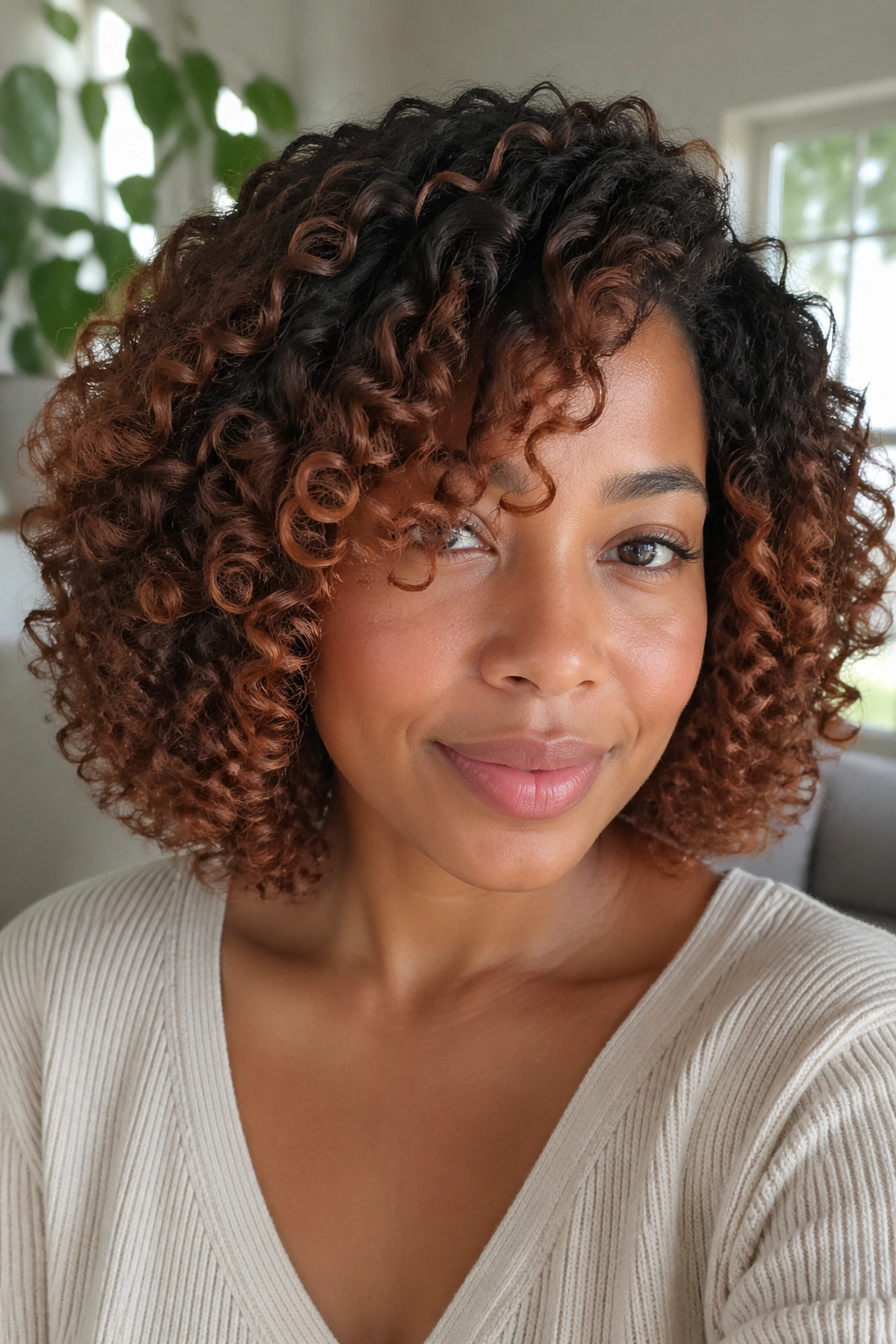 Close-up of a real woman with layered wash-and-go bob and auburn balayage