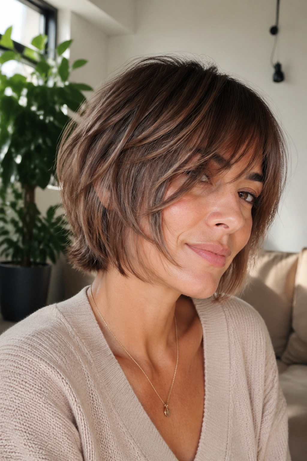 Close-up portrait of a woman with layered wolf cut for fine hair and long fringe in a sunlit living room