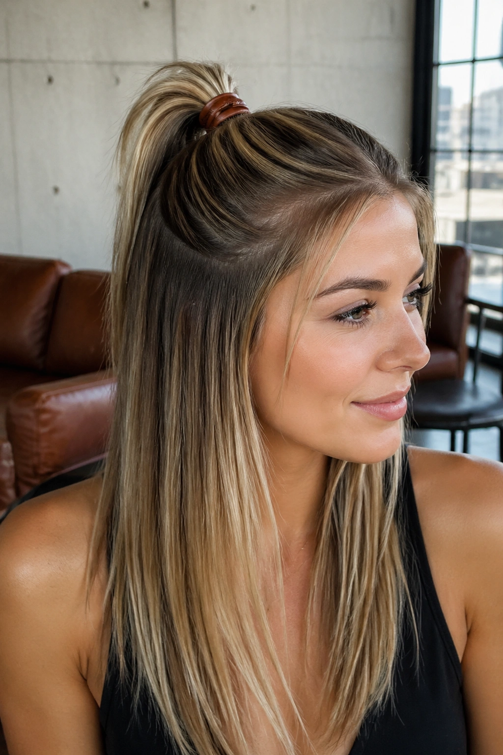 Close-up of a real woman with a leather hair tie securing a half-up hairstyle