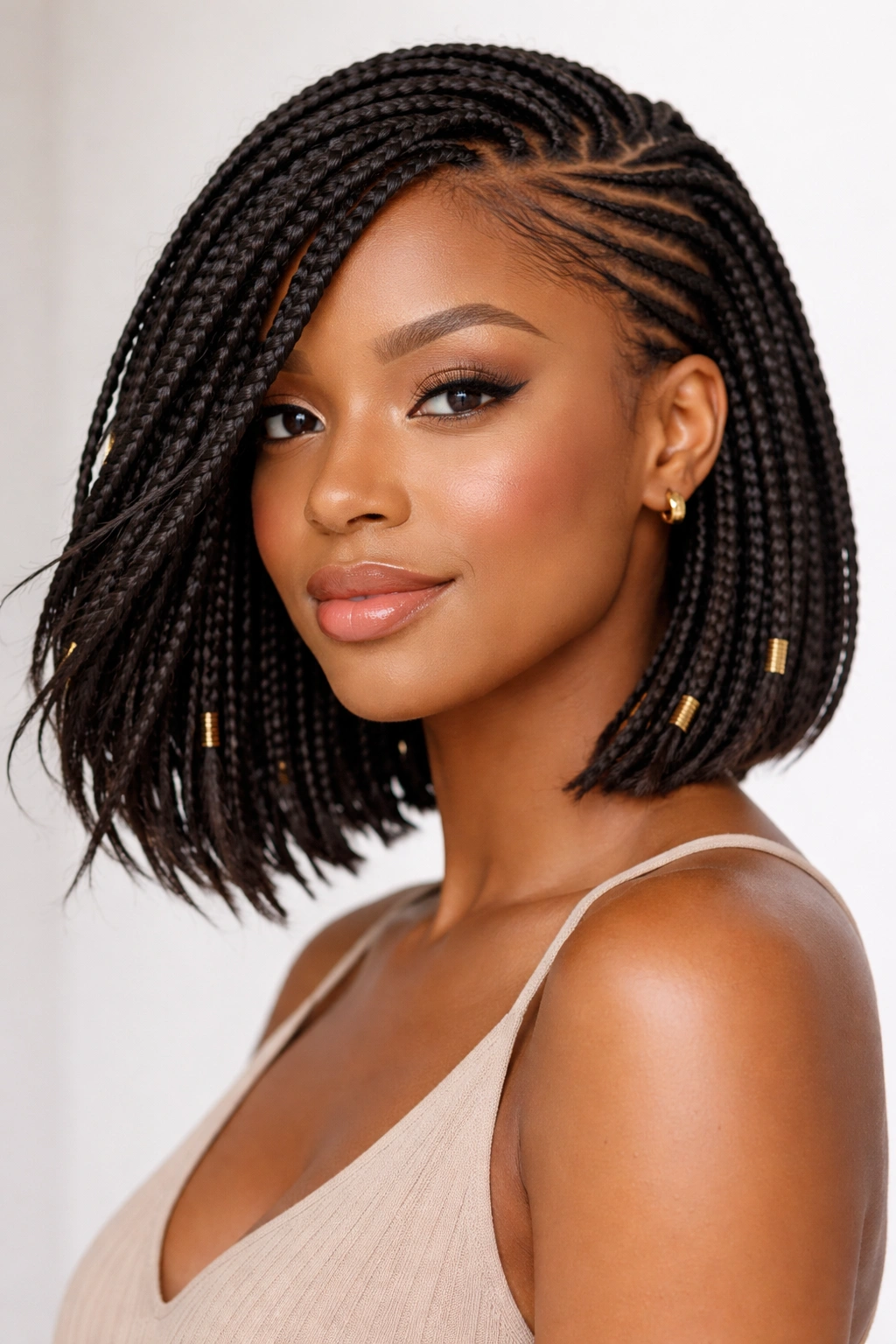 One-sided lemonade bob braids swept across the forehead