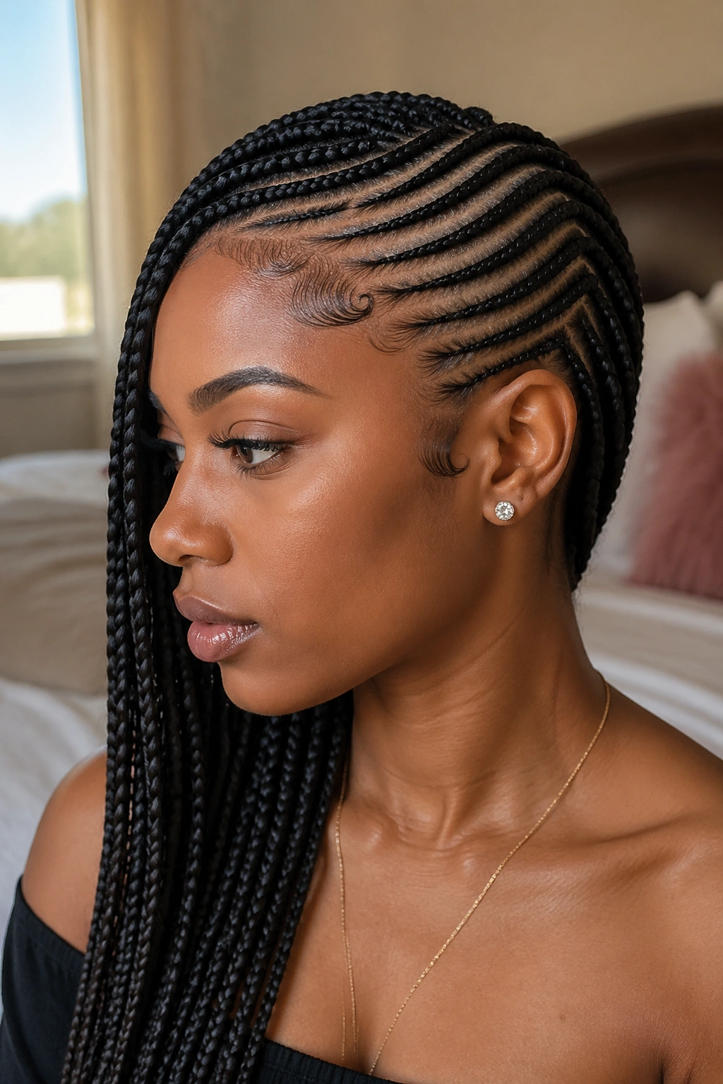 Close-up of a real woman with lemonade braids and a dramatic deep side part