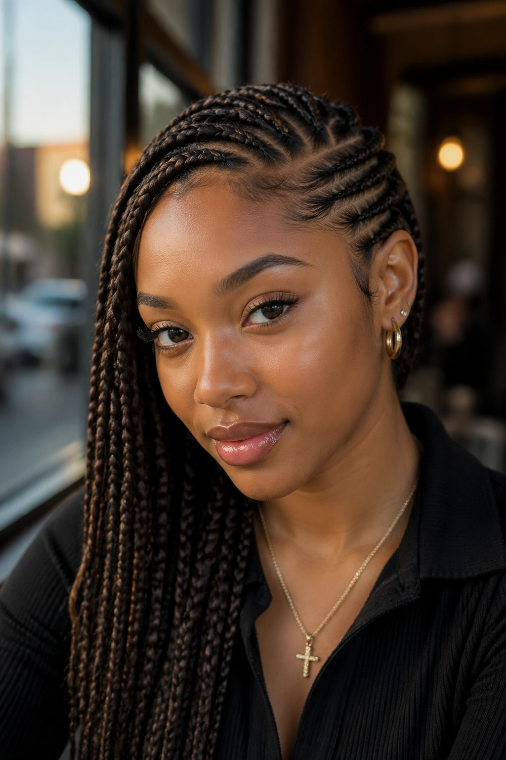 Close-up of a real woman with lemonade braids swept to the side