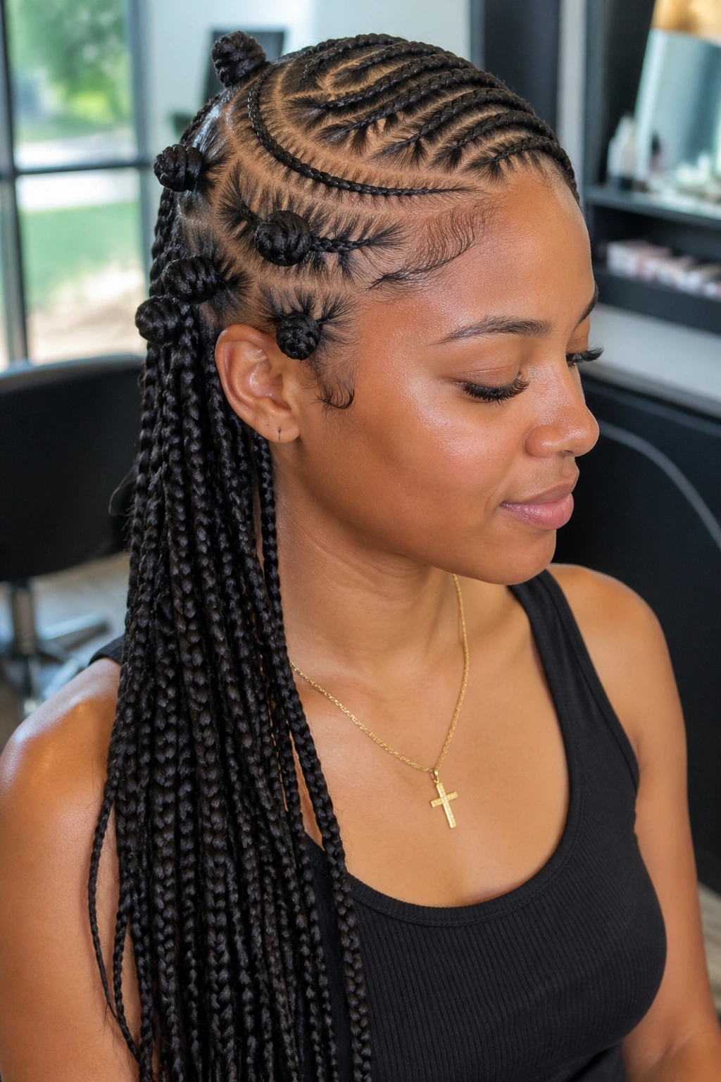 Close-up portrait of a real woman wearing lemonade stitch braids with mini Bantu knots in a salon