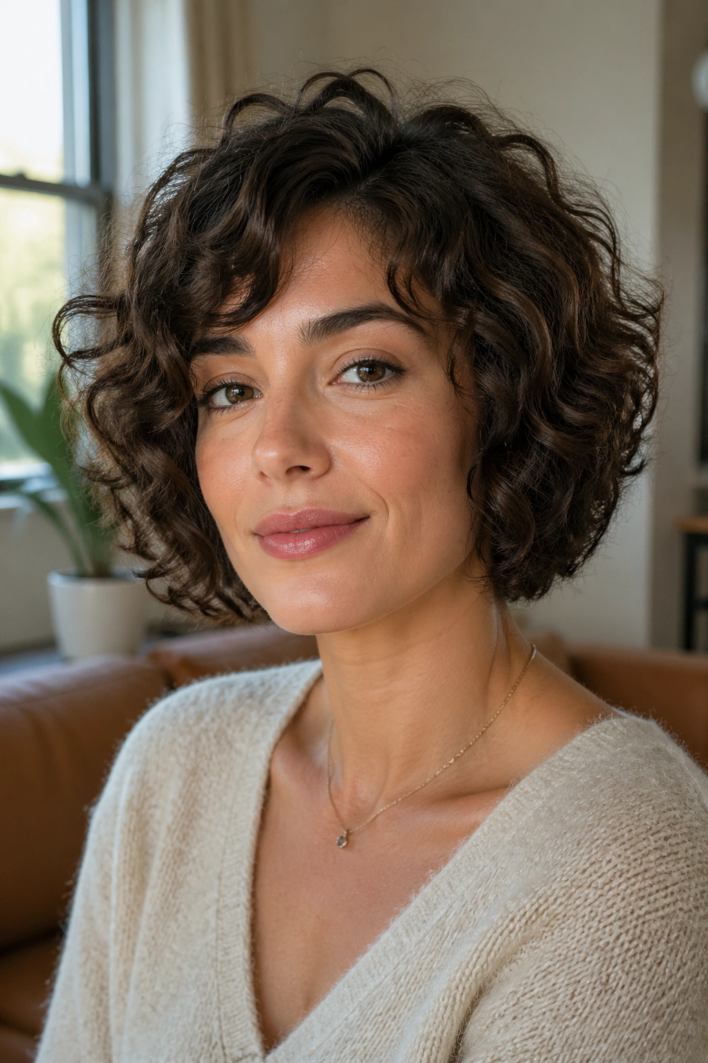 Close-up of a real woman with a lightly layered bob for fine curls in natural window light