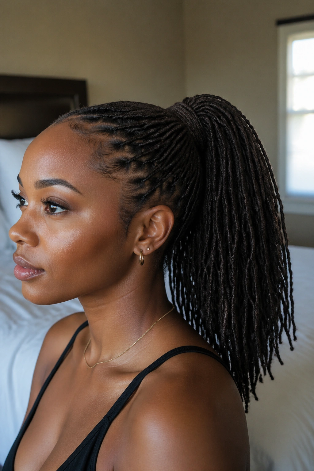 Close-up portrait of a real person wearing lightweight loc extensions with minimal bulk