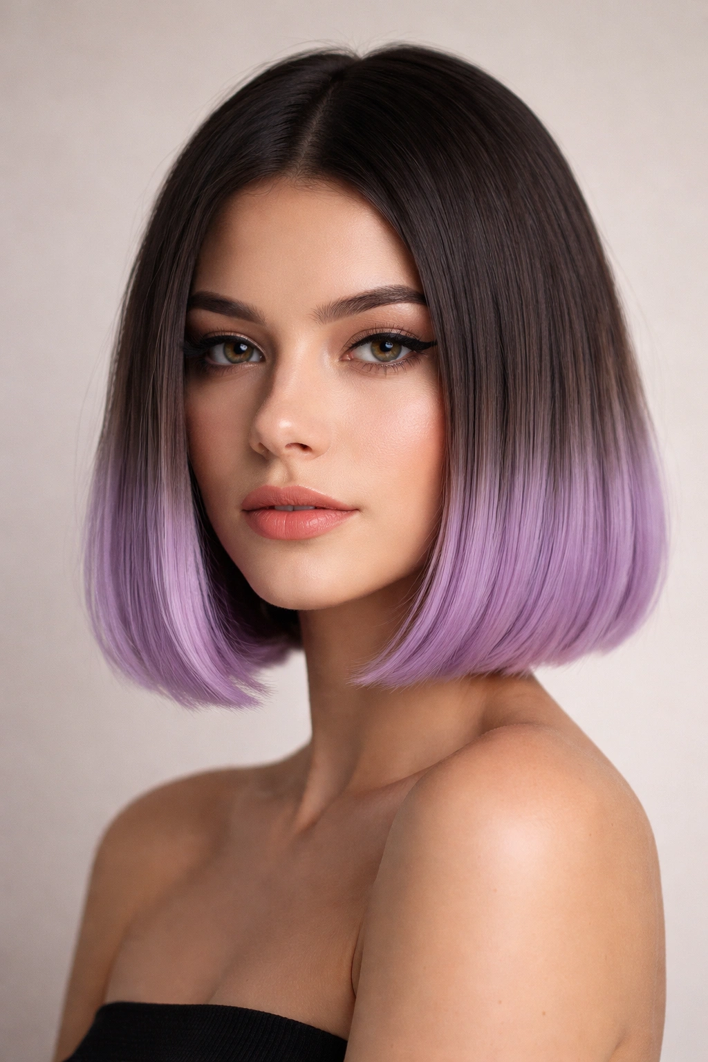 Blunt bob with lilac dipped ends and dark roots, strong straight edge