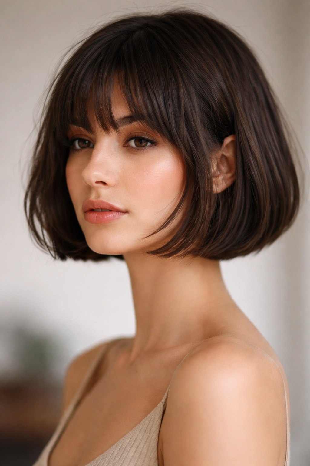 French bob at lip length with clean lines and fringe