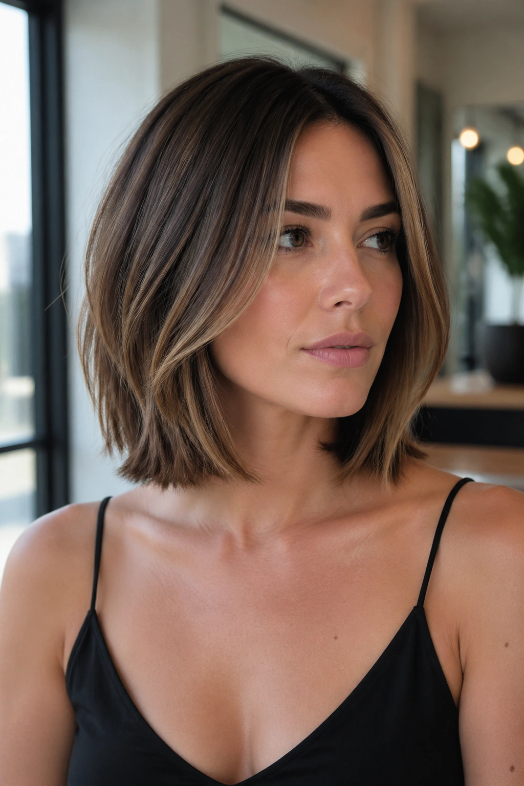 Close-up portrait of a real person with a collarbone-length lob and clean perimeter