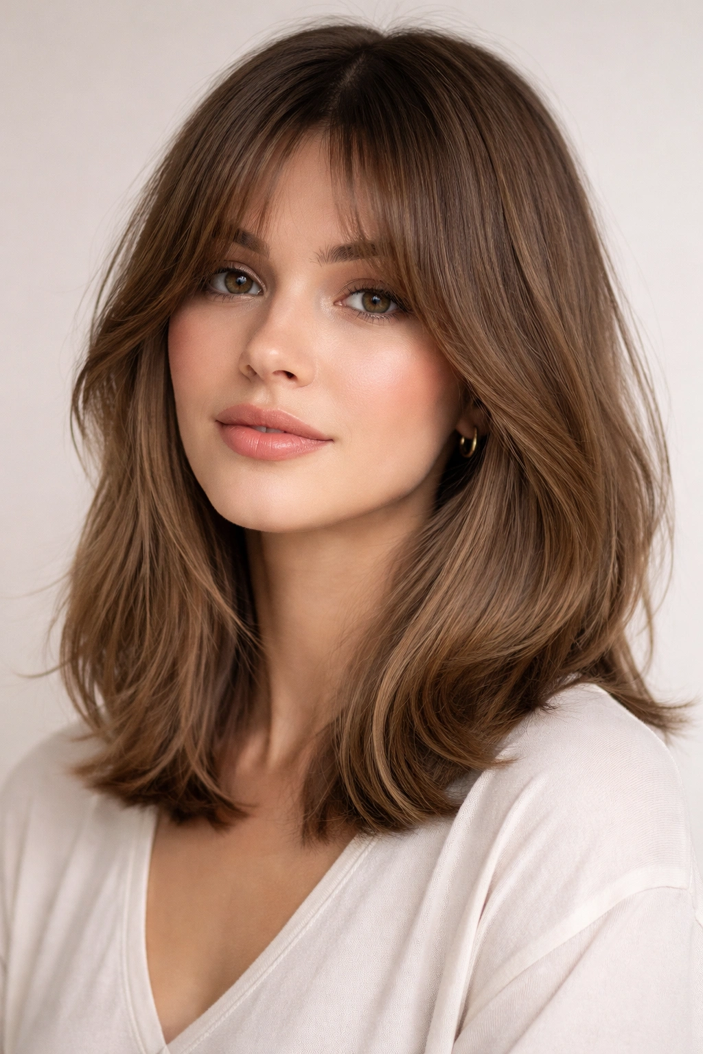 Portrait of a lob haircut with curtain bangs framing the cheeks