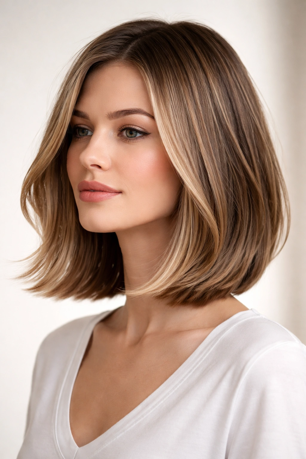 Lob-to-bob hybrid hairstyle at collarbone length with movement