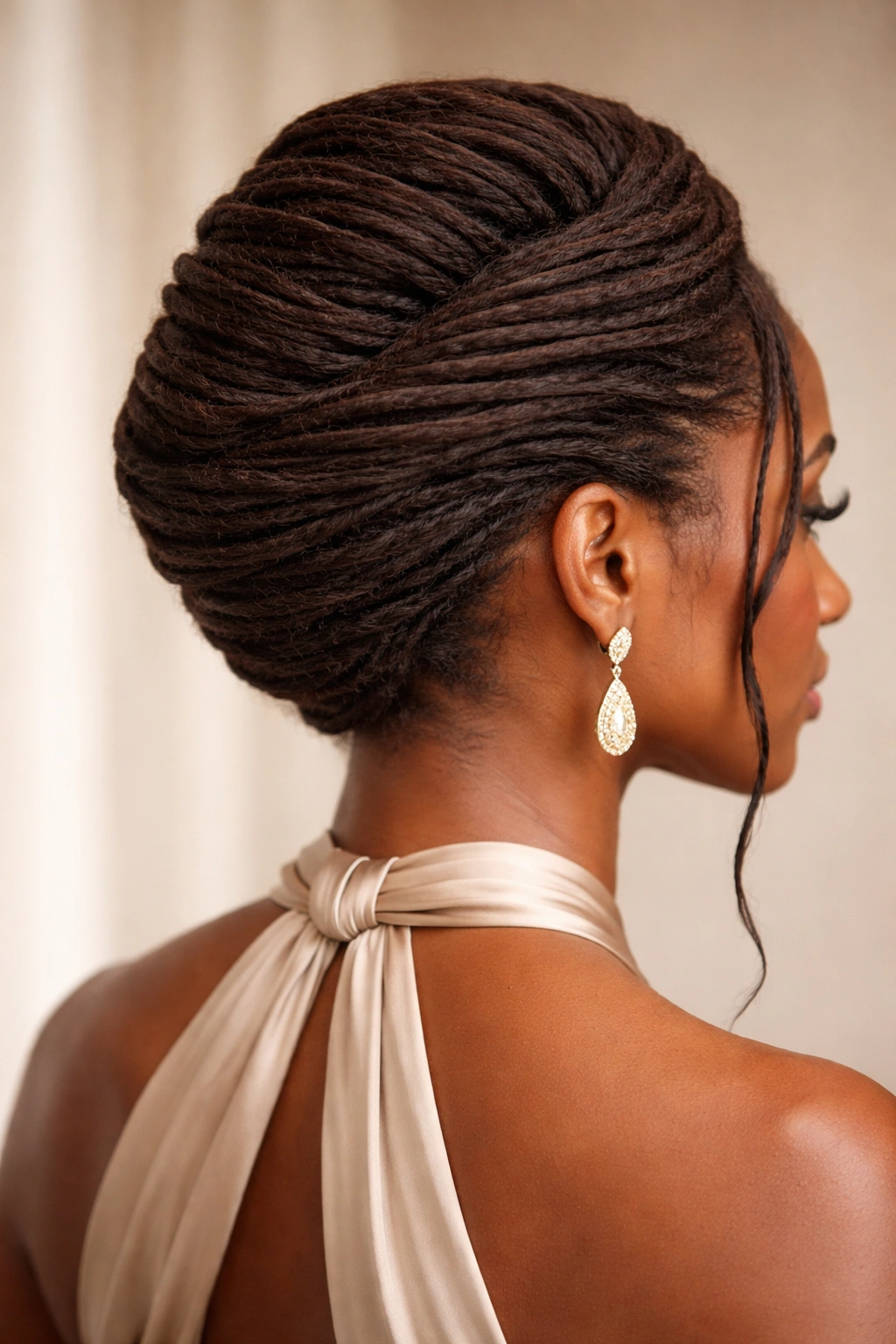 Locs in a French roll tucked vertical updo