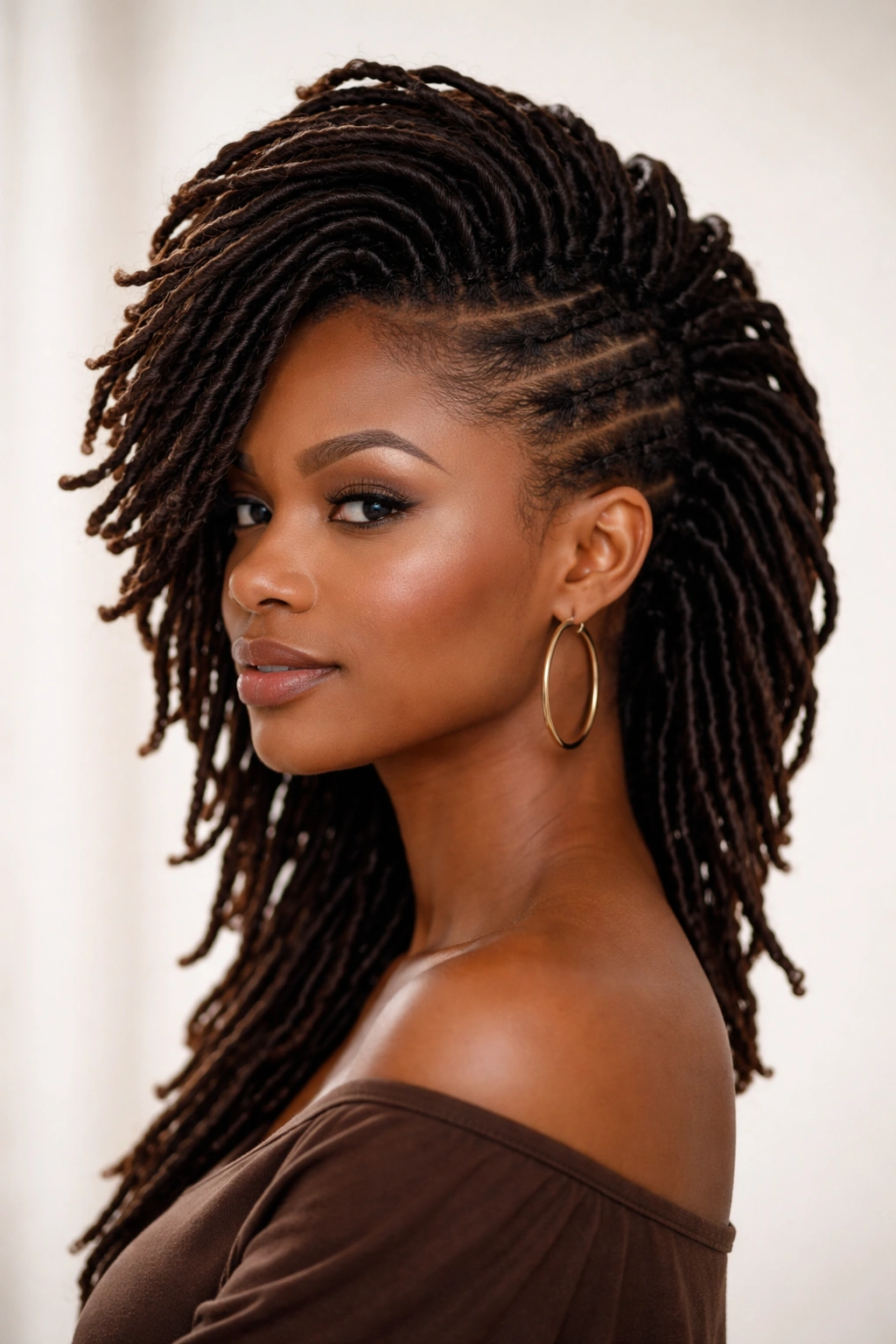 Close-up of a loc mohawk with side sweep showing textured locs