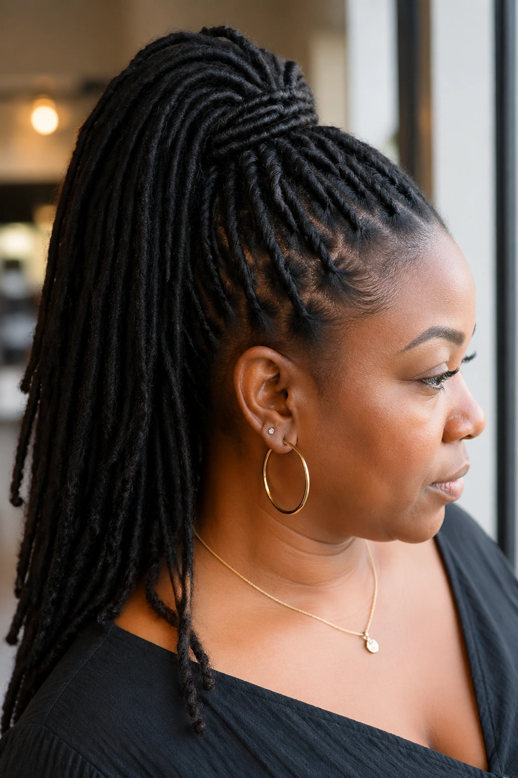 Close-up portrait of a real woman with a ponytail featuring built-in loc sections blending with natural locs at the crown in a salon setting