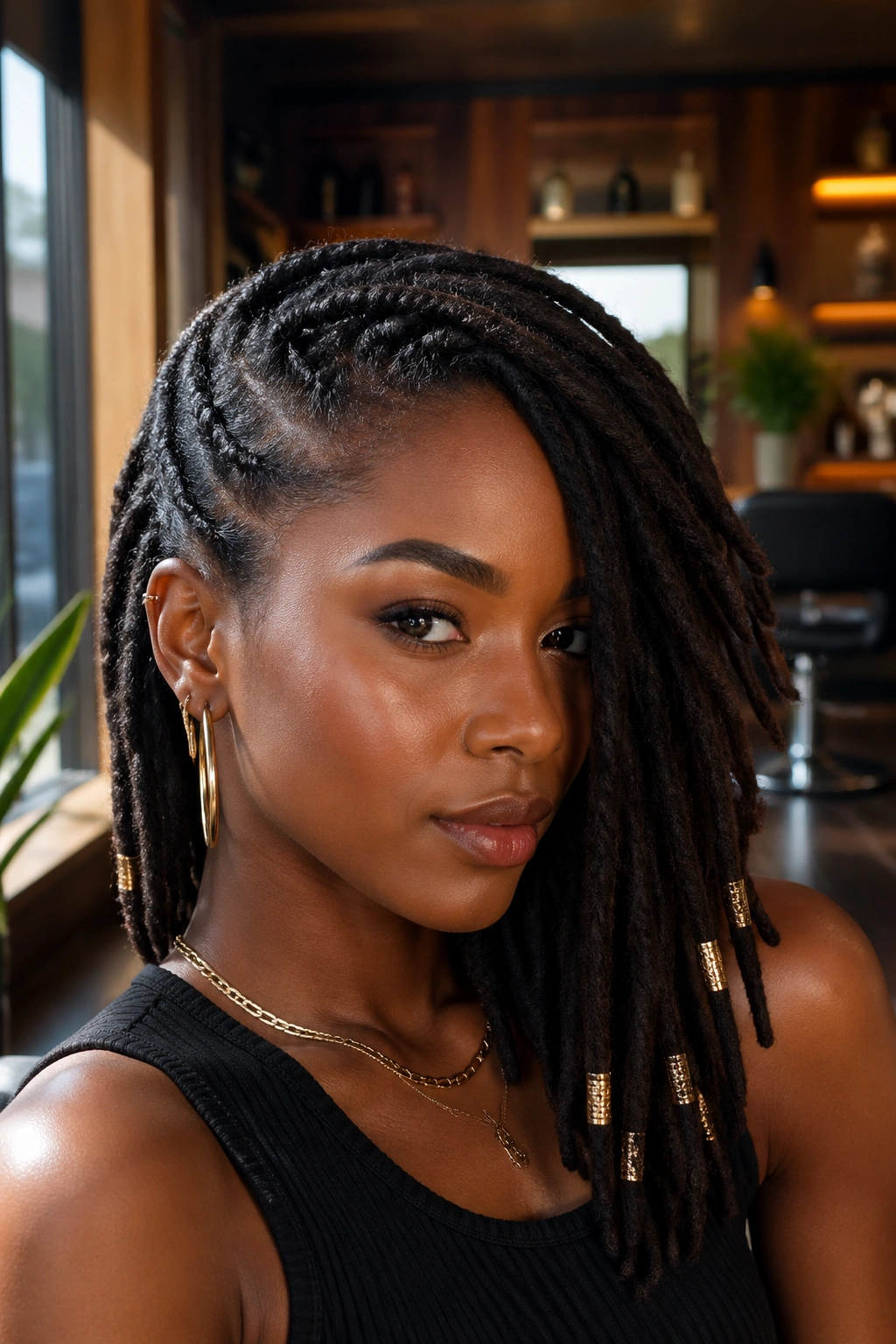 Close-up of locs with metal cuffs and swept side on a real woman