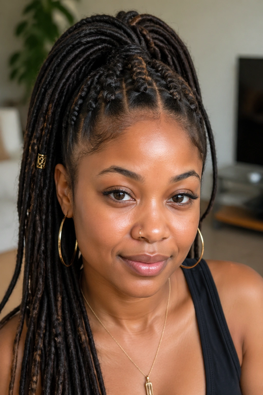 Close-up of a real person with loc ponytail and accent Bantu knot cluster.
