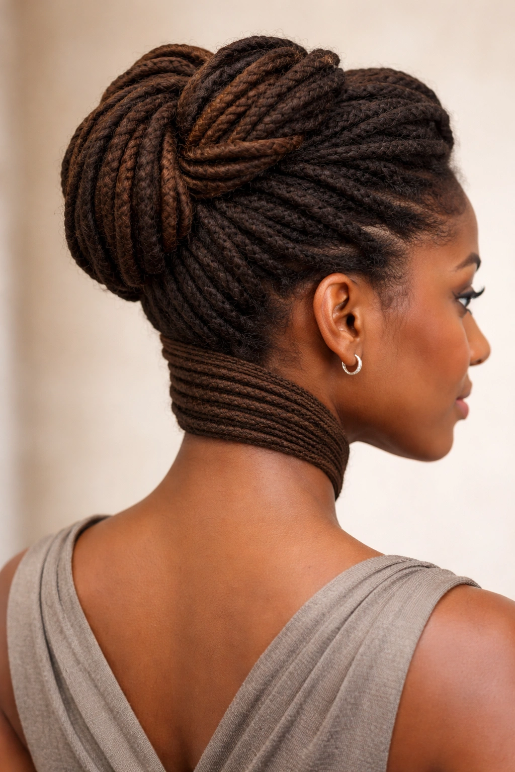 Locs updo with wrapped nape in an elegant, clean style
