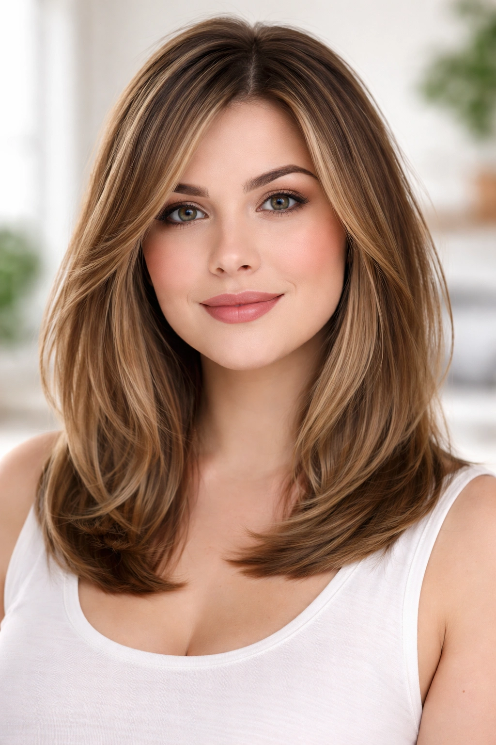 Portrait of a person with a collarbone-length long bob with soft layers framing the face.