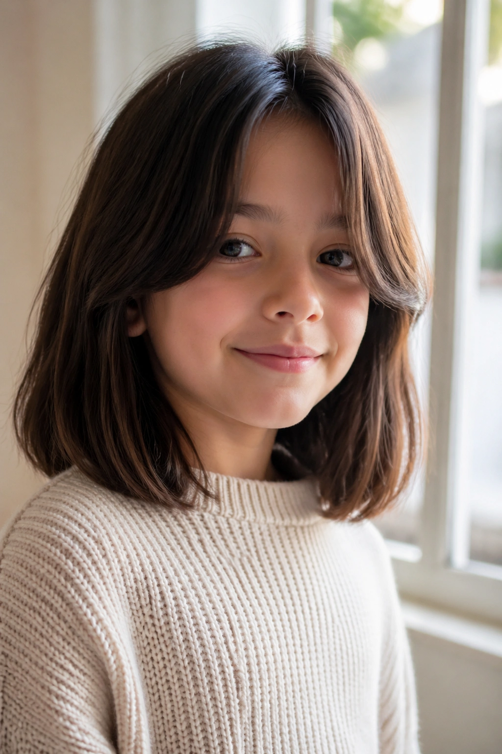 Child with long bob and curtain bangs portrait