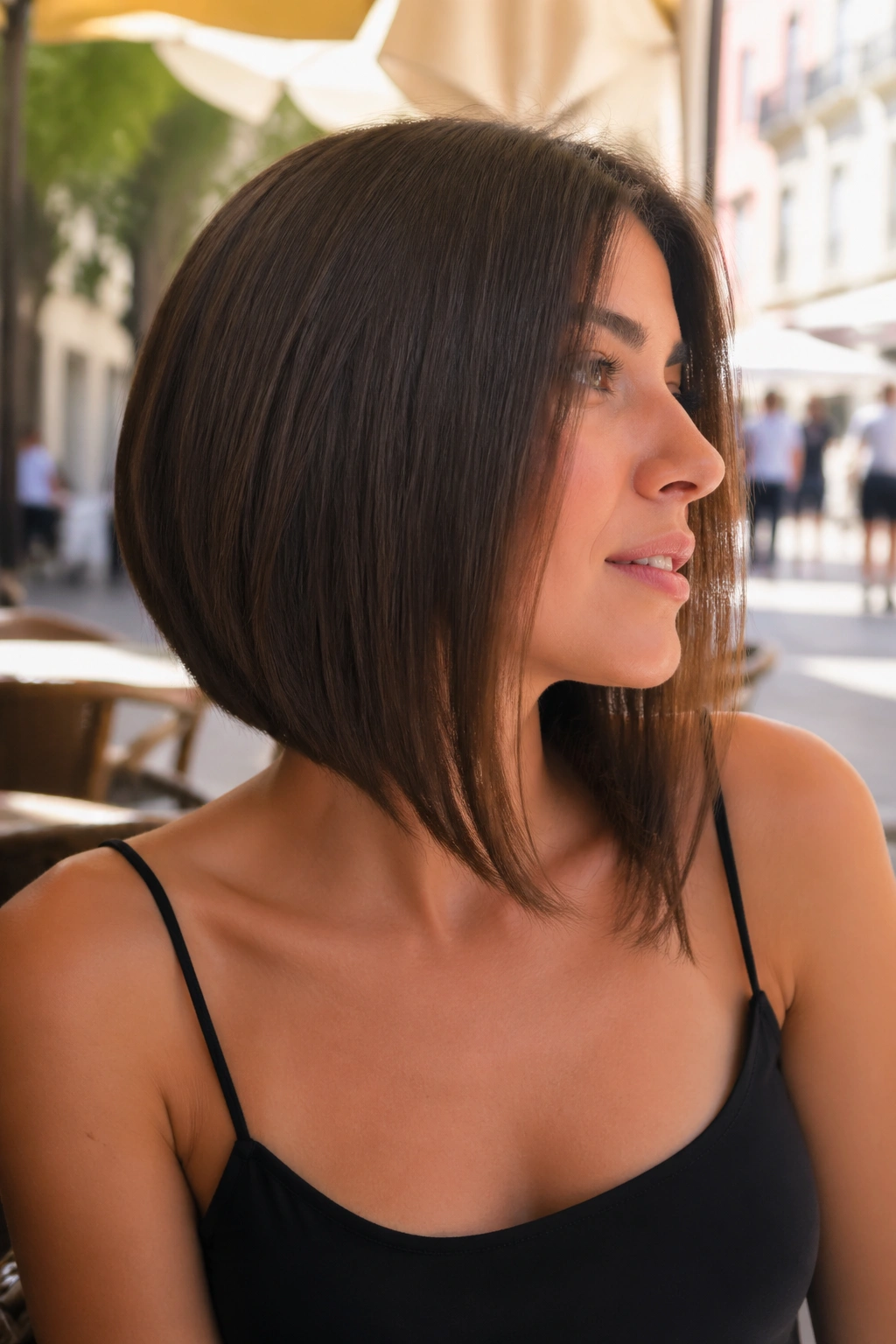 Portrait of a real woman with a long concave bob skimming the collarbone in golden hour light